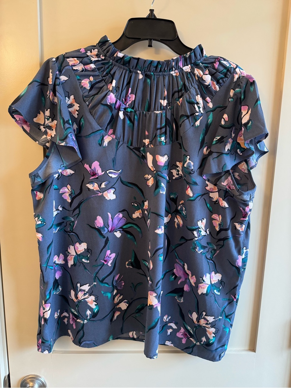Halogen Gray Floral Ruffle Sleeve Blouse with Pink & Green Accents